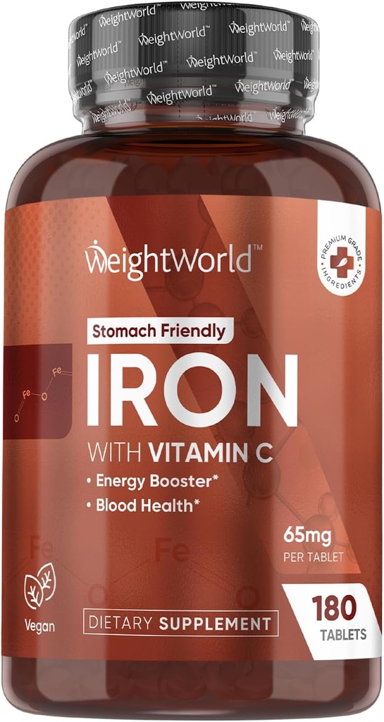 WeightWorld Iron Supplement 65mg - med C-vitamin 125mg - 180 Vegan- tabletter (6 Måneders Tilgang) - Let Carbonyl Iron Supplement for kvinder & mænd - Energy Booster & Blood Heath - Non-GMO & Gluten- Free