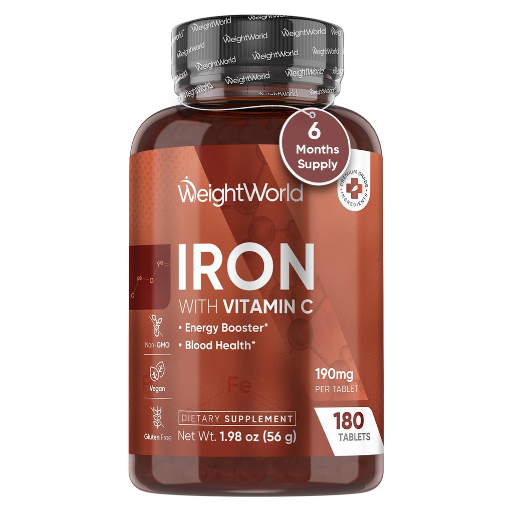 WeightWorld Iron Supplement 65mg - med C-vitamin 125mg - 180 Vegan- tabletter (6 Måneders Tilgang) - Let Carbonyl Iron Supplement for kvinder & mænd - Energy Booster & Blood Heath - Non-GMO & Gluten- Free