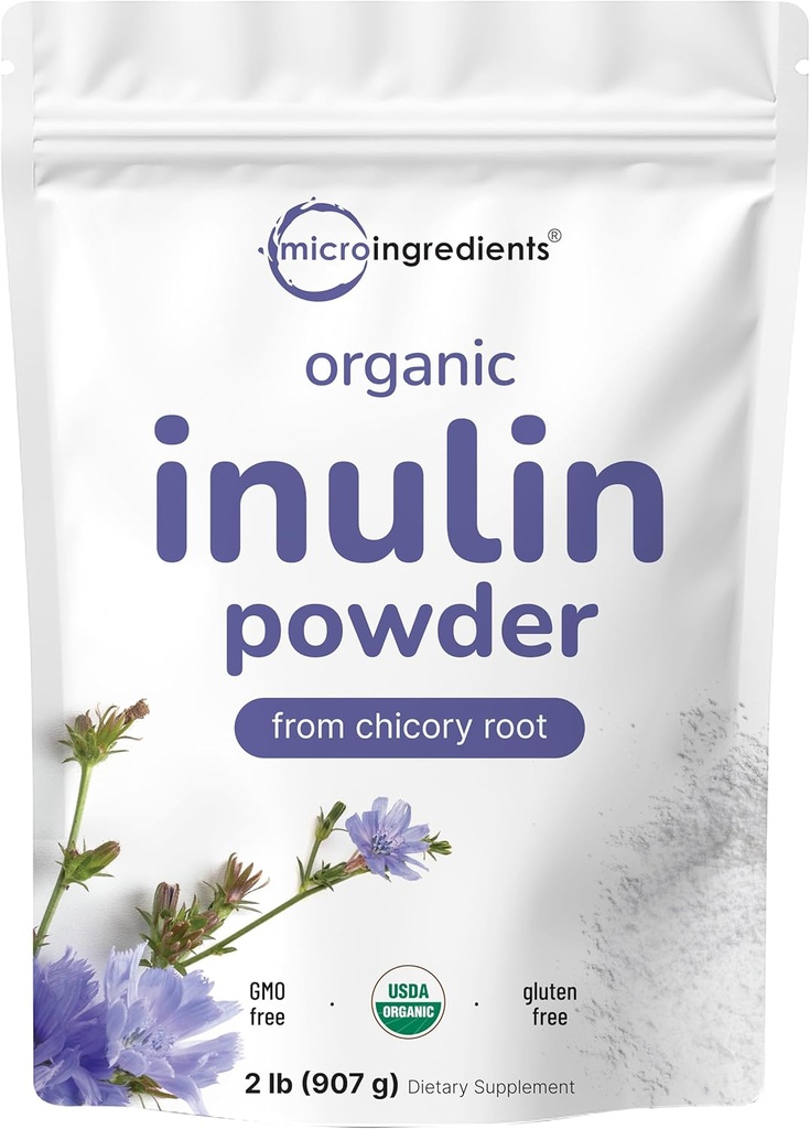 Micro Ingredients Organic Inulin Fiber Powder, 2lb | Natural Prebiotic to Support Digestive & Gut Health | Soluble, Easily Digestible | Unflavored, Vegan