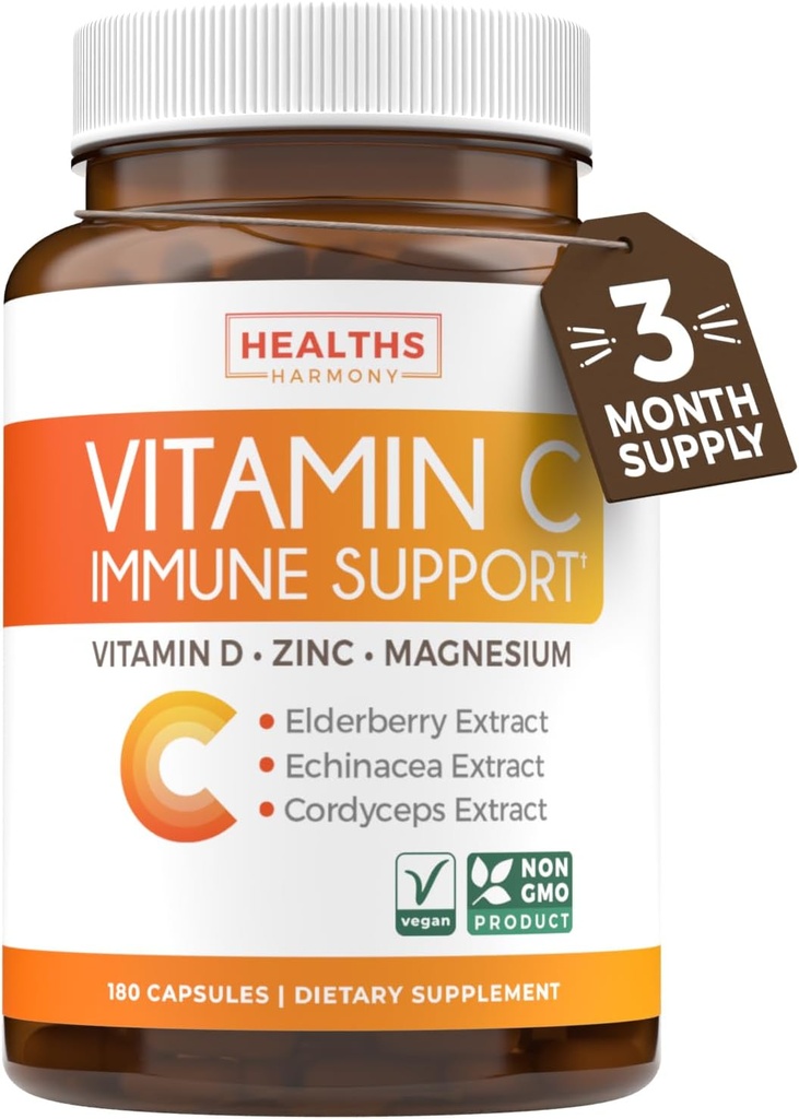 Vitamin C Immun Support Supplement - Immunboost Blend med Elderberry C-vitamin og zink til daglig & Sæsonstøtte - Magnesium Zink VIT C & D og Herbal Defense Complex (3 måneder Supply)