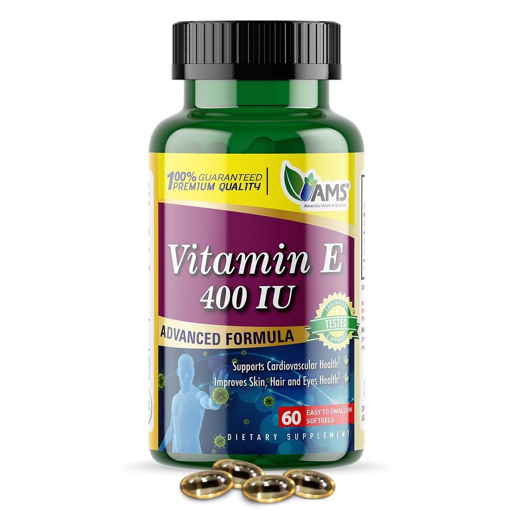 America Medic & Science Vitamin E 400 IE (60 Softgel) Kosttilskud, der støtter hjertets sundhed, fremmer sund hud, hår, øjne og immunsystem