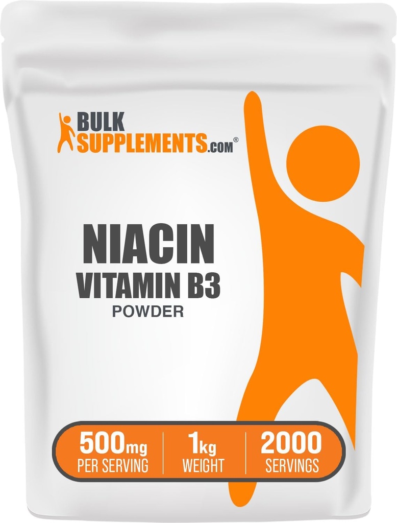 BulkSupplements.com Niacin Powder - Vitamin B3 Supplement, Niacin Flush - Gluten Free, 500mg per Serving, 1kg (2.2 lbs) (Pakning med 1)