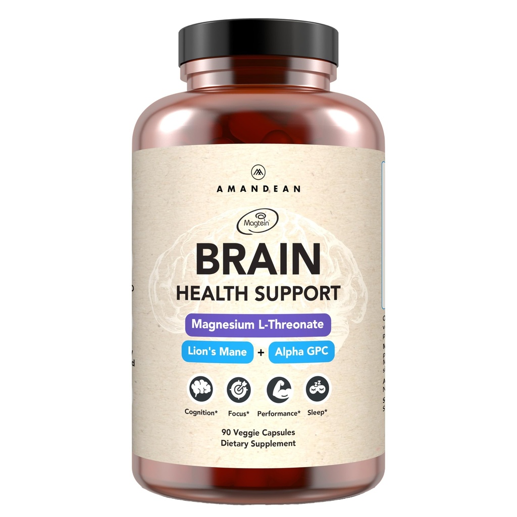 AMANDEAN Brain Supplement. Nootropisk kognitiv støtte til hukommelse, fokus, Clarity. Magnesium L- Threonat (Magtein), Lions Mane Mushroom Extract, Alpha GPC Cholin Complex. 90 Veggie Kapsler.