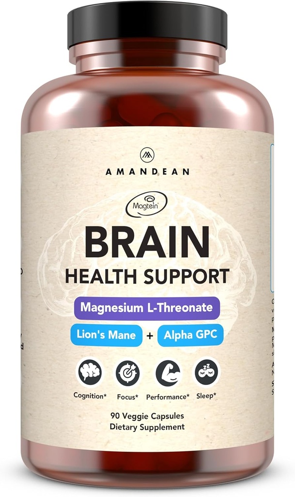 AMANDEAN Brain Supplement. Nootropisk kognitiv støtte til hukommelse, fokus, Clarity. Magnesium L- Threonat (Magtein), Lions Mane Mushroom Extract, Alpha GPC Cholin Complex. 90 Veggie Kapsler.