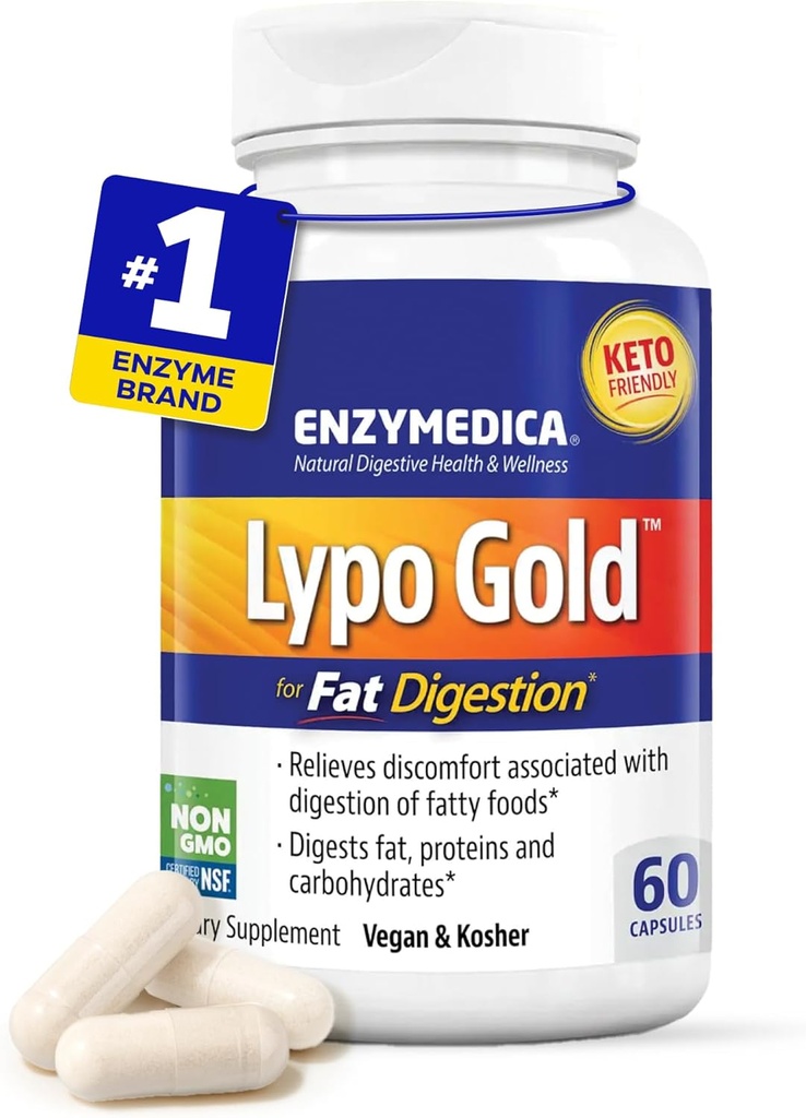 Enzymedica Lypo Gold, høj potens Lipase fordøjelsesenzymer for fedt fordøjelse, Understøtter lejlighedsvis Bloating Relief & fordøjelsessygdomme, Keto- Friendly, Vegan, 60 kapsler