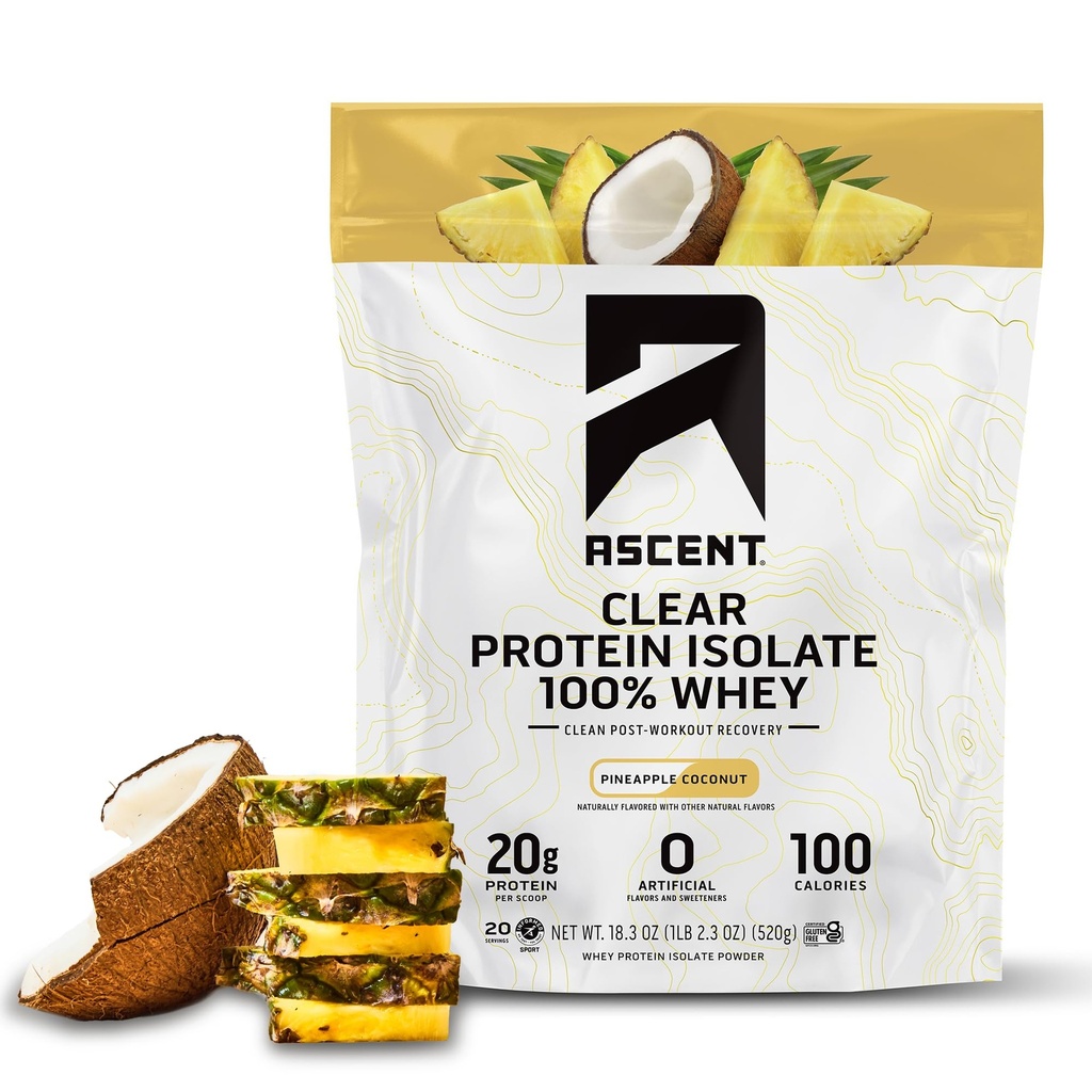 Aduft 100% Clear Whey Protein Powder - Post Workout Whey Protein Isolate, Zero Kunstig Artificial Artificial Artists & Sweeteners, Gluten Free, 5.5g BCAA, 2.1g Leucin, Essential Aminosyrer, Ananas Coconut, 20 Serv
