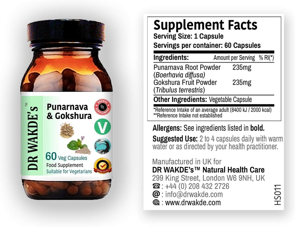 DR WAKDEs Punarnava & Gokshura kapsler (60 Veg Caps, fremmer sund urinflush, Ayurvedic Supplement, Vegan, Herbal, All Natural, Made in UK)