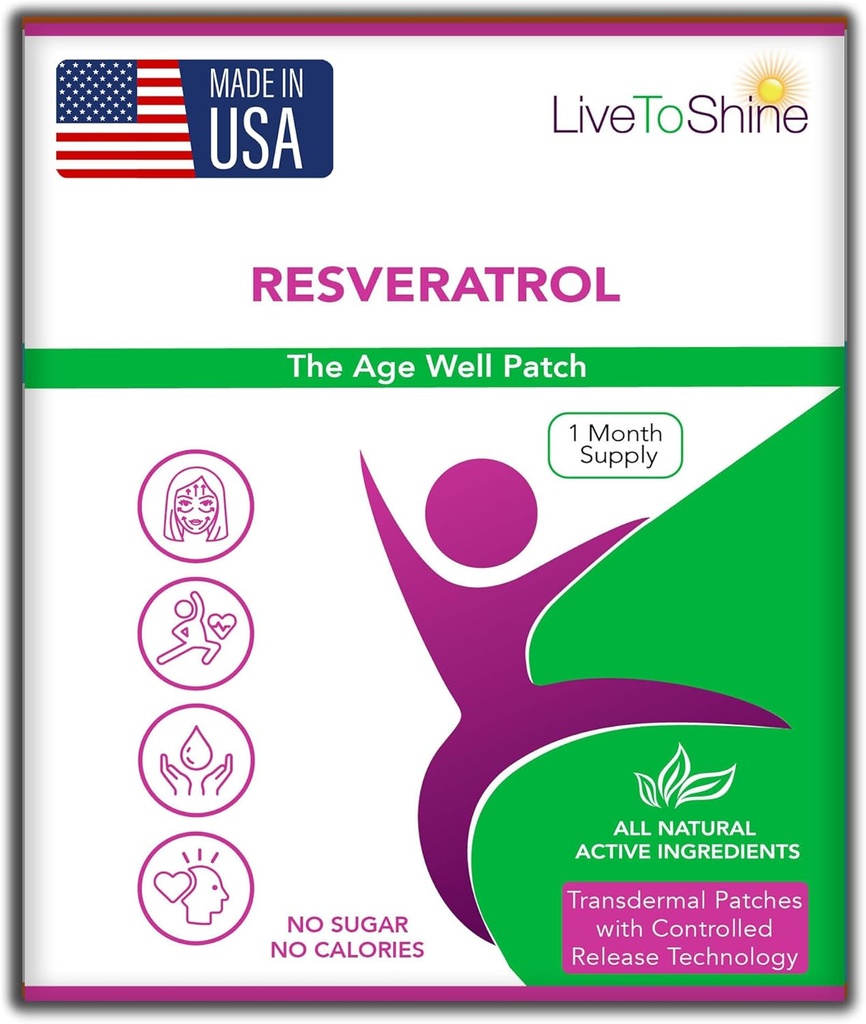 Live To Shine Resveratrol Patch - Transdermal temaplan-baseret antioxidant støtte til sund aldring og wellness - 30 Patches for kvinder og mænd - USA Made