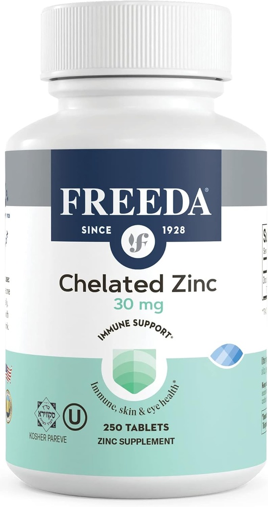 Freeda Chelated Zink 30mg - TRAACS ® Zink Bisglycinate til høj Absorption - Vegan, Kosher, Gentle på Mave - immunforsvar for voksne, mænd og kvinder - 250 små tabletter