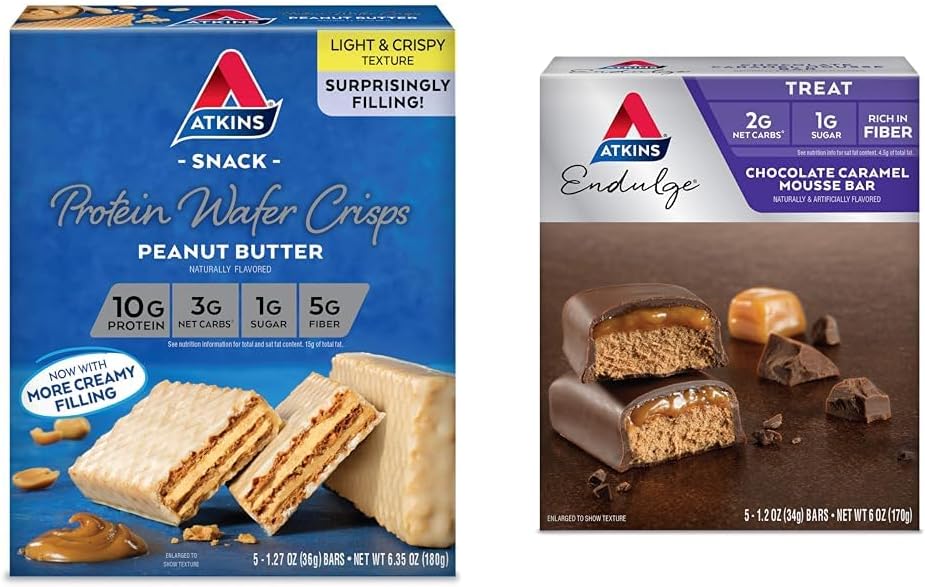 Atkins Peanut Butter Protein Wafer Crisps 5 Grev og chokolade Caramel Mousse Barer 5 Grev Bundle