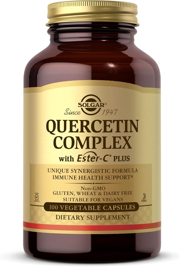 Solgar Quercetin Complex med EsterC Plus Vegetabilske kapsler understøtter immunforsvar Antioxidant Dample på Mave Vitamin C NonGMO Vegan Gluten Free Dairy Free 50 Servere, Standard Packaging, 100 Greve