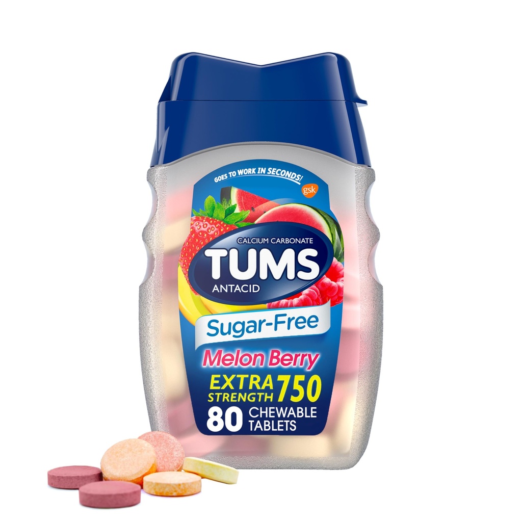 TUMS Extra Strength Chewable Sugar Free Antacid Tablets for Heartburn Relief, Melon Berry - 80 Greve