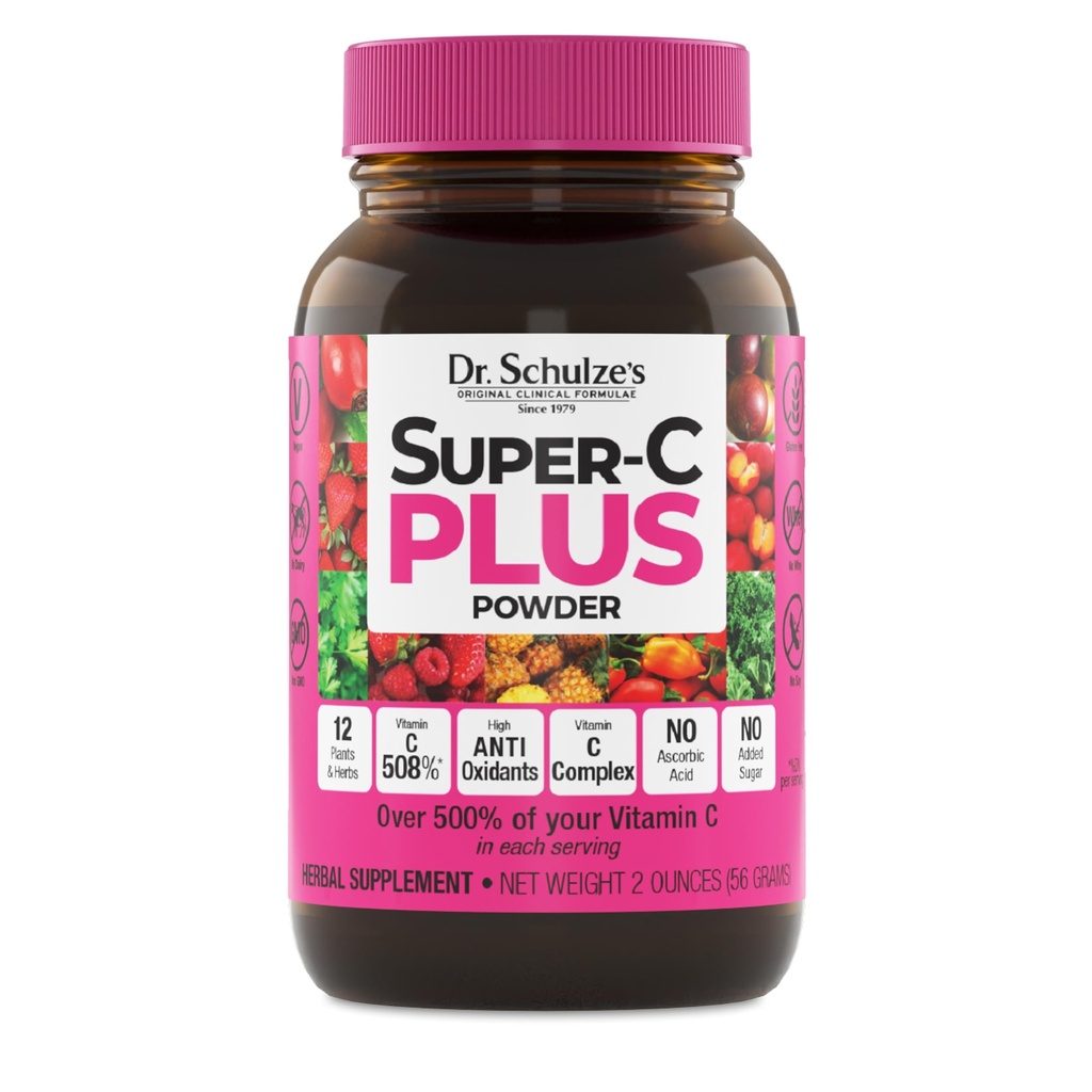 Dr. Schulzes Super- C Plus - C-vitamin supplement til immunforsvar - Skin Health & Antioxidant Support - Højpotens formel - Plantbaseret superfood - Gluten- Free & Vegan - 2 oz (20 Servere)
