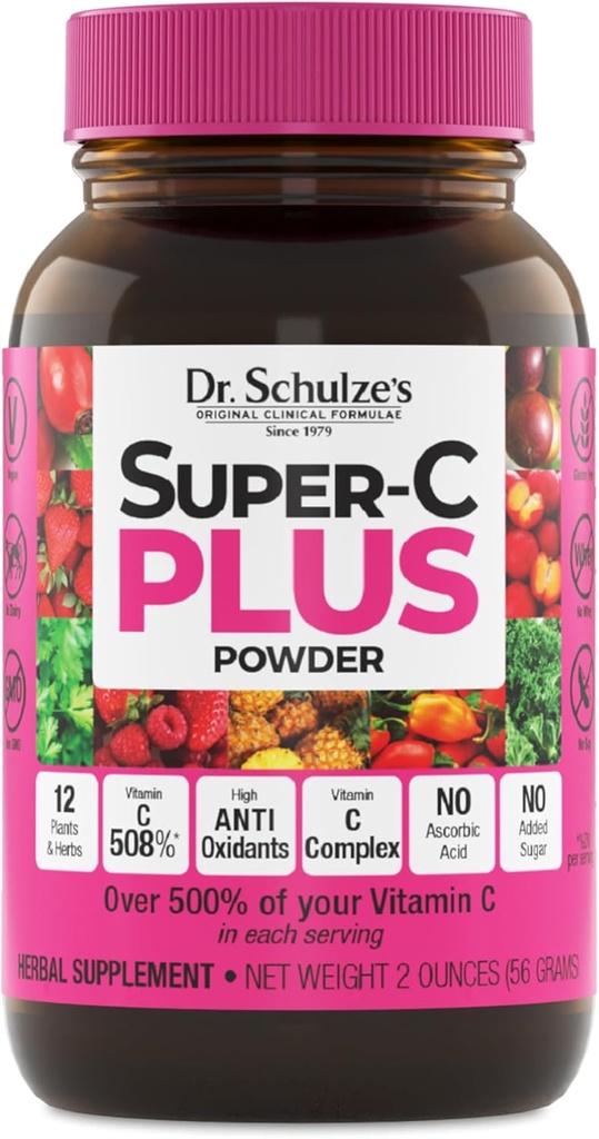 Dr. Schulzes Super- C Plus - C-vitamin supplement til immunforsvar - Skin Health & Antioxidant Support - Højpotens formel - Plantbaseret superfood - Gluten- Free & Vegan - 2 oz (20 Servere)