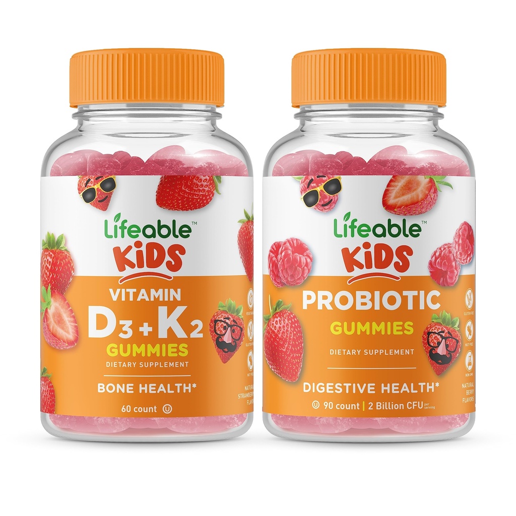 Lifeable Vitamin D3 + Vitamin K2 Kids + Probiotic 2 Millioner CFU Kids, Gummies Bundle - Great Tasting, Vitamin Supplement, Gluten Free, GMO Free, Chewable Gummy