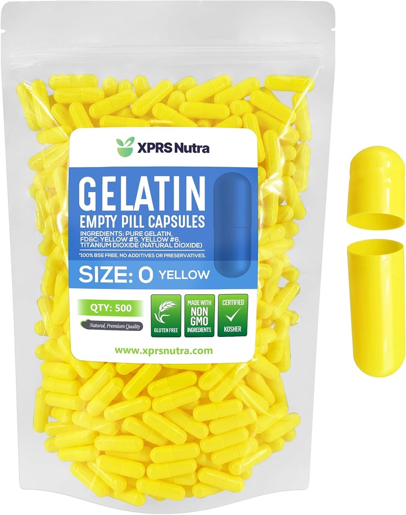 XPRS Nutra Størrelse 0 Tomme kapsler - 500 Greve Farvede Tomme Gelatine kapsler - Piller selv supplement Kapselfyld - Fyldelige farve Gel Caps piller til Do- It- Yourself Kosttilskud (gul)