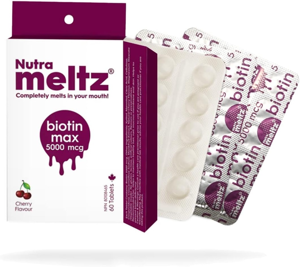 Nutra meltz Biotin 5000 mcg - Understøtter hårvækst, fremmer sunde negle og glat hud hurtig opløsning tabletter til biotin mangel - Cherry Flavor (60 tabletter)