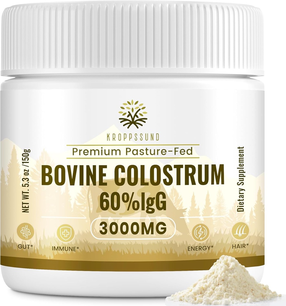Kroppssund Bovine Colostrum Powder Supplement 3000 mg - Extra High 60% IgG Bovine Colostrum - Gut, Bone, Motion, Immun - 50 Servere (1 flaske)