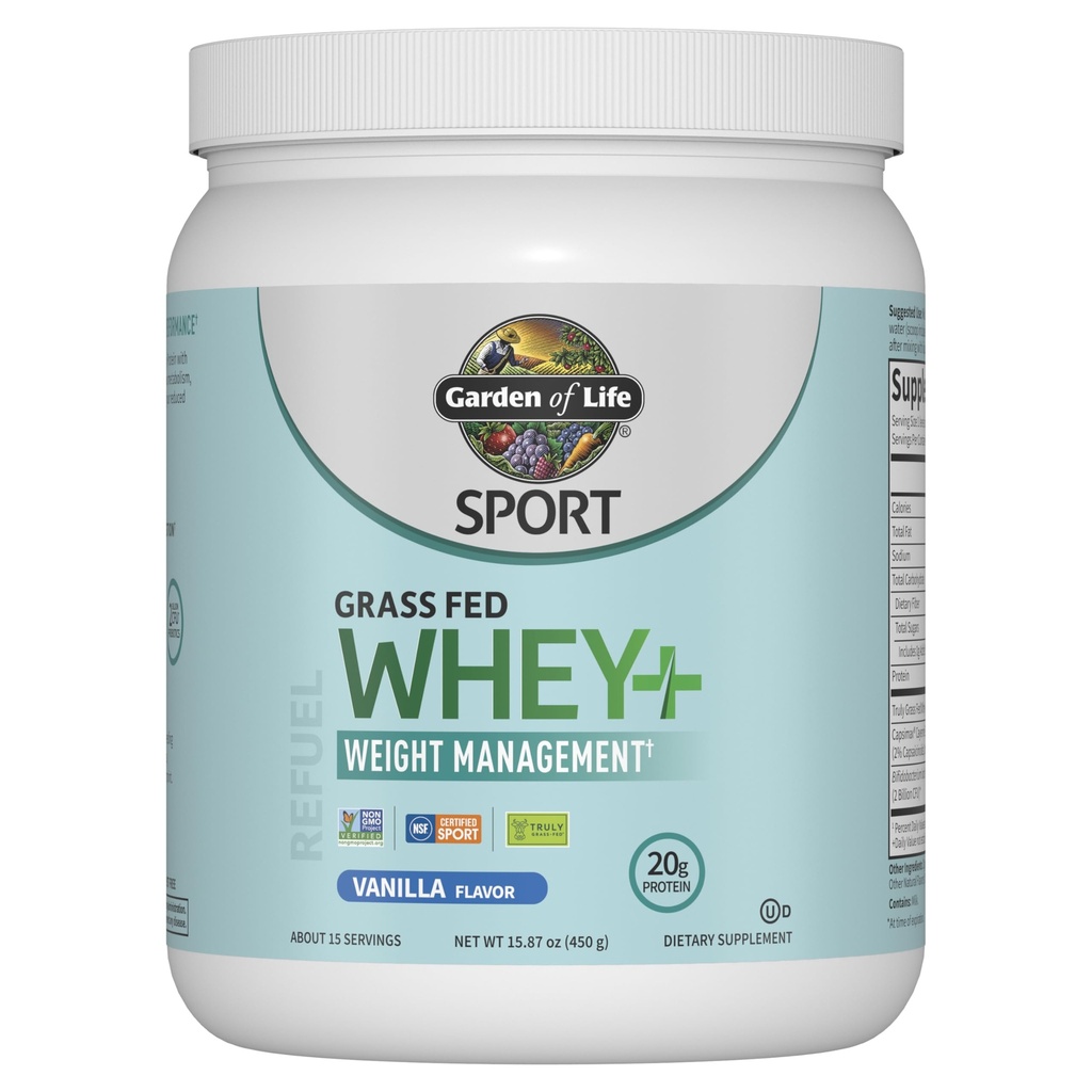 Garden of Life SPORT Whey Plus Weight Management with Amino Energy - 20g of Grass Fed Protein Isolate for Women and Men - Vanilla Powder - With Capsimax, 2 Billion CFU Probiotics, About 15 Servings