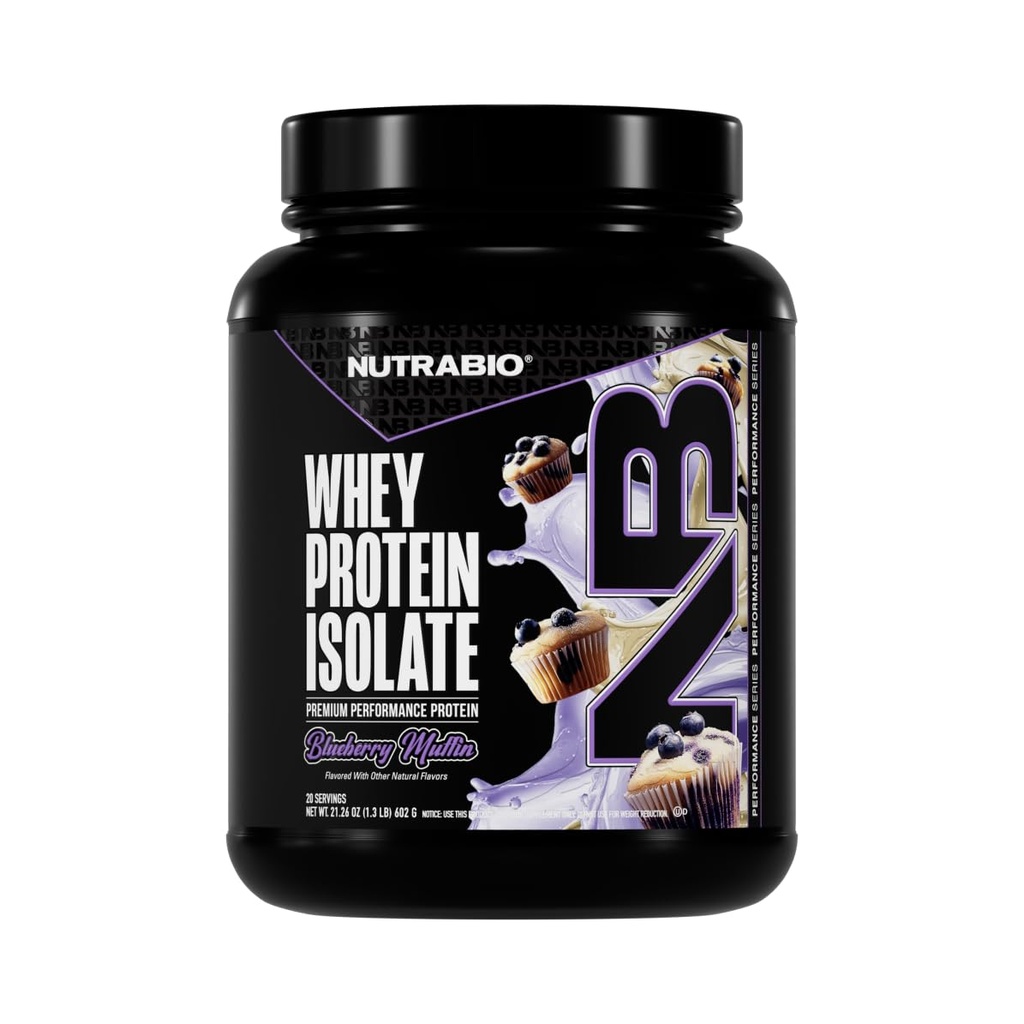 NutraBio 100% Whey Protein Isolate Protein Powder, 25g Protein med komplet Aminosyreprofil, Non-GMO, Soy & Gluten Free, Low Carb, Low Calorie Whey Protein Powder, Blueberry Muffin, 2 Lbs