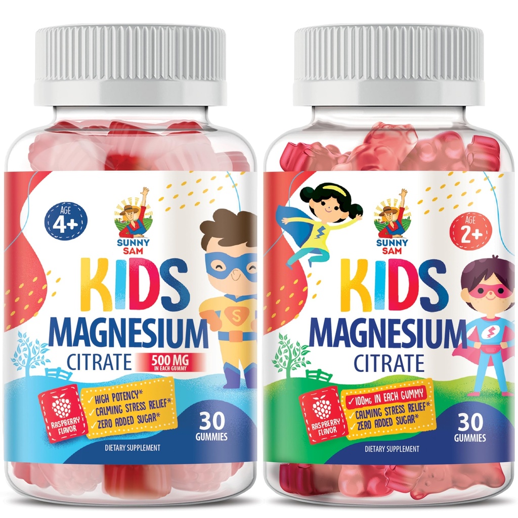 SUNNY SAM Magnesium gummier for børn - 100mg og Magnesium gummier for børn 500mg. Magnesium tykkere - Magnesium citrat tyggetabletter for mad & muskel support