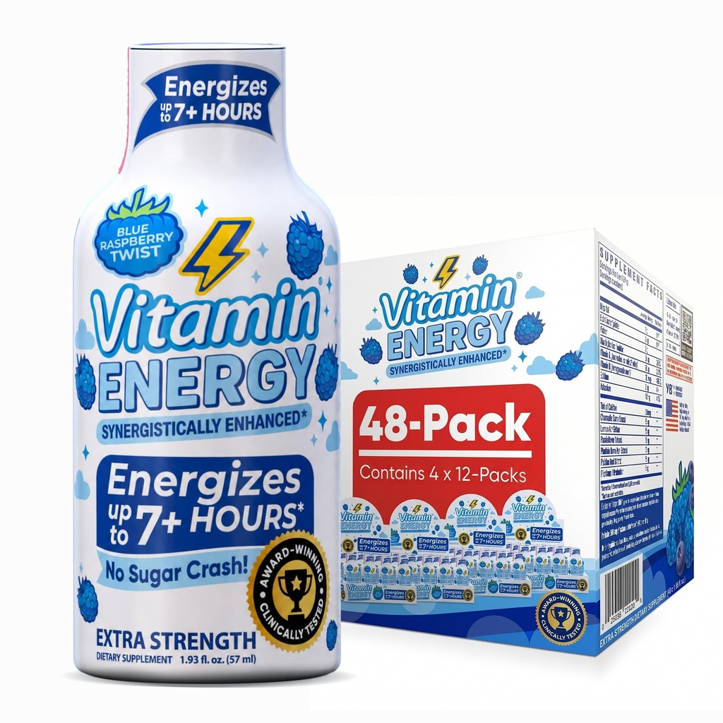 Vitamin Energy Immunum + ekstra styrke Energy Shot Blue Raspberry 48 Pack, 260mg Natural Koffein, B-Vitamin, Citicolin, Green Tea, Immunity & Focus Support, Zero Sugar, Gluten- Free 1,93 fl oz