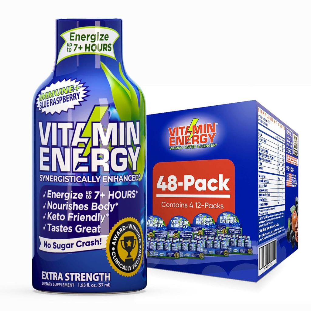 Vitamin Energy Immunum + ekstra styrke Energy Shot Blue Raspberry 48 Pack, 260mg Natural Koffein, B-Vitamin, Citicolin, Green Tea, Immunity & Focus Support, Zero Sugar, Gluten- Free 1,93 fl oz
