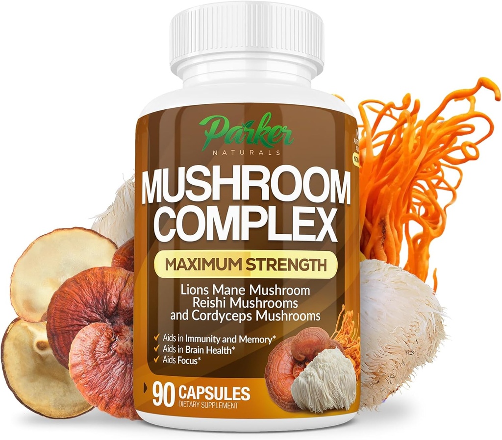 Parker Naturals Mushroom Complex Kapsler, Premium Lions Mane, Cordyceps og Reishi Mushroom Supplement, Maksimal styrke Organic Mushrooms Supplement, 90 Kapsler
