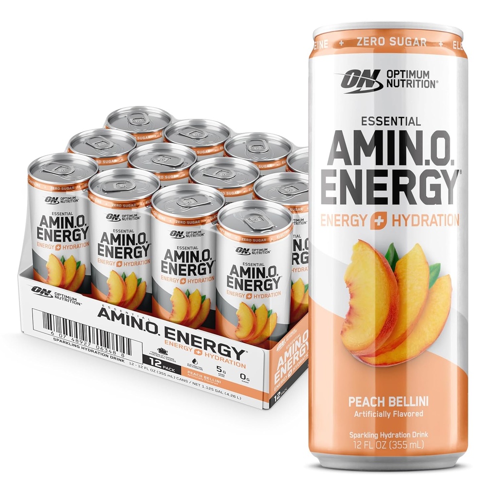 Optimum Nutrition Amino Energy Sparkling Hydration Drink, Elektrolyter, Koffein, Aminosyrer, BCAA, Sugar Free, Peach Bellini, 12 Fl Oz, 12 Pack (Packaging May Vary)