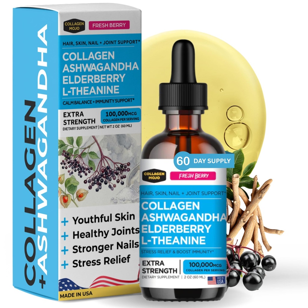 Liquid Collagen with Ashwagandha for Women & Men - Collagen Peptides Drops with L-Theanine - Hair, Skin, Nails, Joint & Stress Relief - Ashwagandha Supplement, 100,000mcg 2 Oz