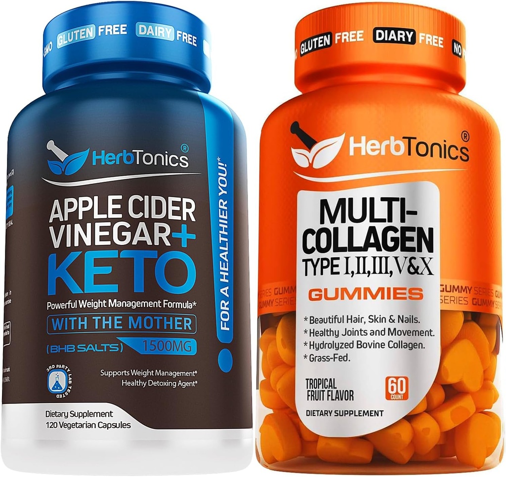 Herbtonics Apple Cider Vincils kapsler Plus Keto BSB; Fedtforbrænder & Vægttab supplement for kvinder & mænd - Multi Collagen Gummies Type 1,2,3,5 & 10 med biotin til hårvækst, hud, negle