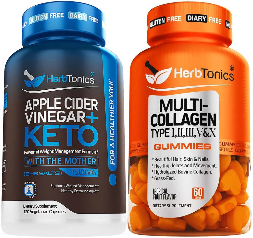 Herbtonics Apple Cider Vincils kapsler Plus Keto BSB; Fedtforbrænder & Vægttab supplement for kvinder & mænd - Multi Collagen Gummies Type 1,2,3,5 & 10 med biotin til hårvækst, hud, negle