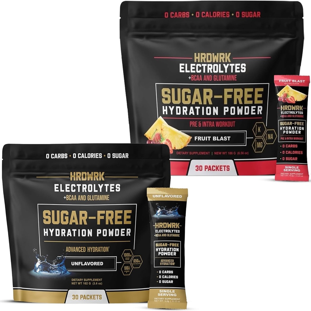 HRDWRK Electrolyte Pakker til Hydration Variety Bundle med Magnesium, Kaliumnatrium, BCAA og Glutamin, Note 124; Keto Electrolytes Powder med ingen sukker, Unflavored & Fruit Blast (60 Tæl)