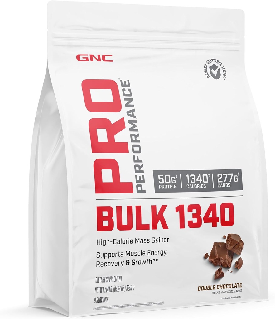 GNC Pro Performance Bulk 1340 Mass Gainer Protein Powder, 50g, Gluten Free, Whey, Creatin, BCAA, 3. part Testet, Muscle Recovery & Growth, Mikronæringsstoffer, Dobbelt Chokolade, 9 Servere