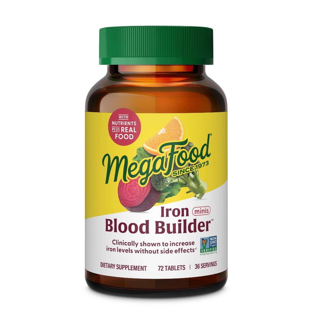 MegaFood Blood Builder jerntilskud til kvinder & mænd - Øge jernniveauer uden bivirkninger - Combat Træthed - Vitamin B12, Folsyre & C-vitamin - Vegan - 72 Mini tabletter (36 Servere)