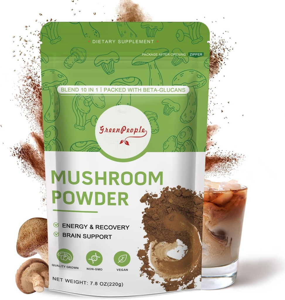 GREENPEOPLE Mushroom Powder Mushroom Supplement - 10-1- svampe Lions Mane Pulver med Reishi / Cordyceps / Chaga / Tyrkiet Tail / Maitake / Kompleks for kognitiv funktion & immunforsvar 78 Servere
