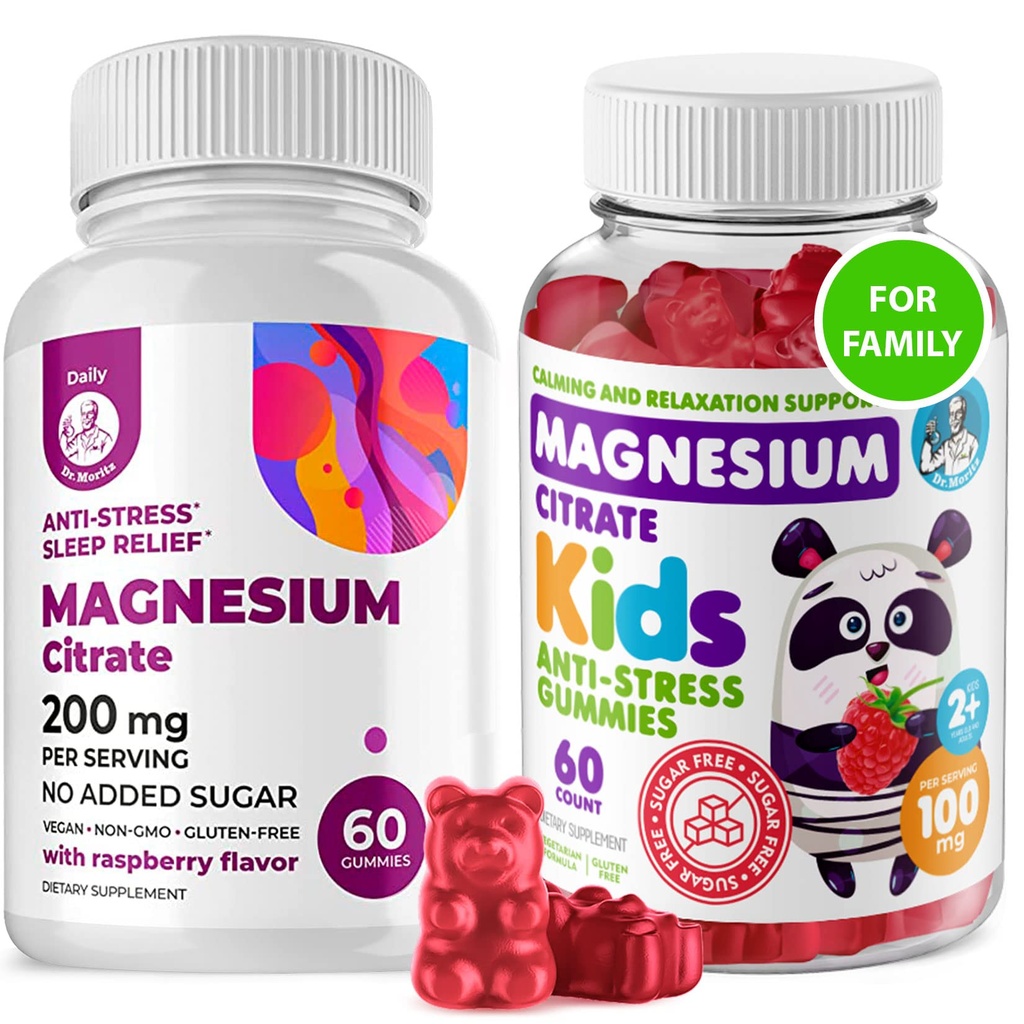 Kids Magnesium 60 Count og Magnesium 60 Count Gummies Sugar- Free - Calm Magnesium Gummies Supplement for børn, Sugar- Free Magnesium Calm Chews for børn og voksne