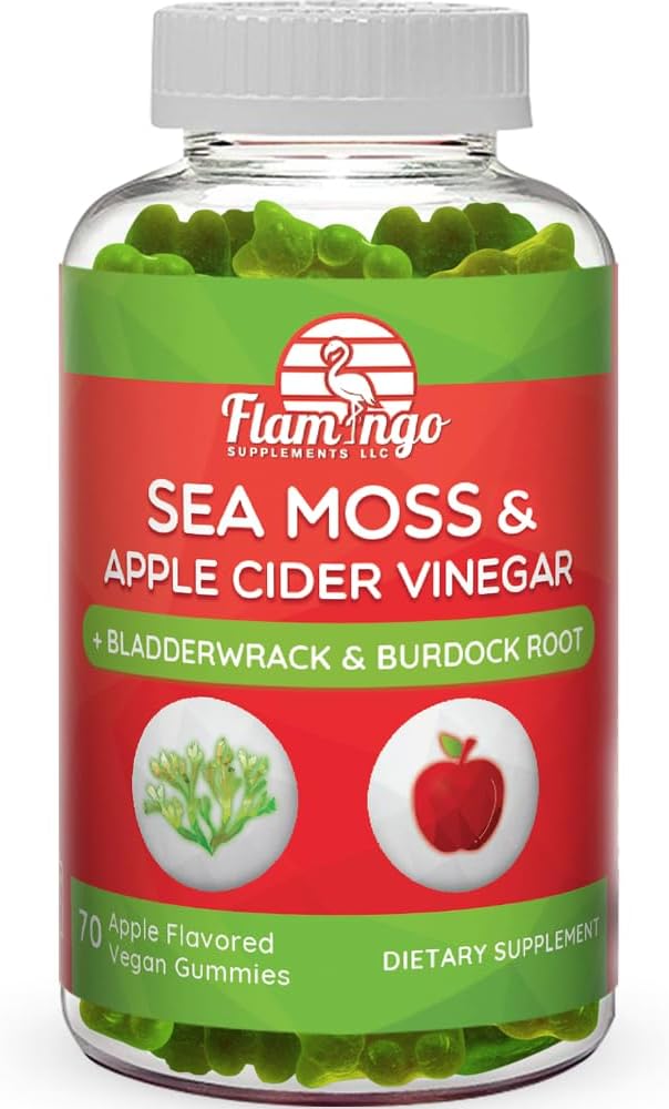 Sea Moss Gummies med Apple Cider Vinciture, Bladderwrack, og Burdock Root Organic- Sea Moss Gummies til voksne og børn - Vegansk, Økologisk, Irish Seamoss og ACV - 70 Ct