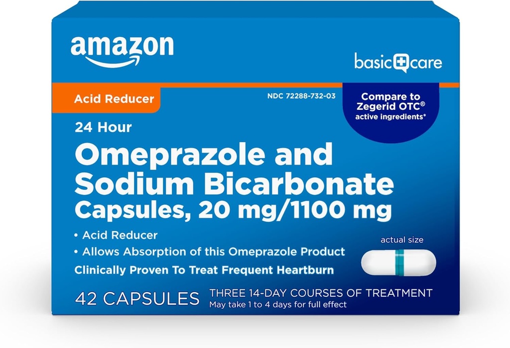 Grundlæggende pleje Omeprazol og natrium bicarbonat kapsler, 20 mg / 1100 mg, 24- timers hyppig hjerterytme medicin, syre reducerende piller, 42 Tæl
