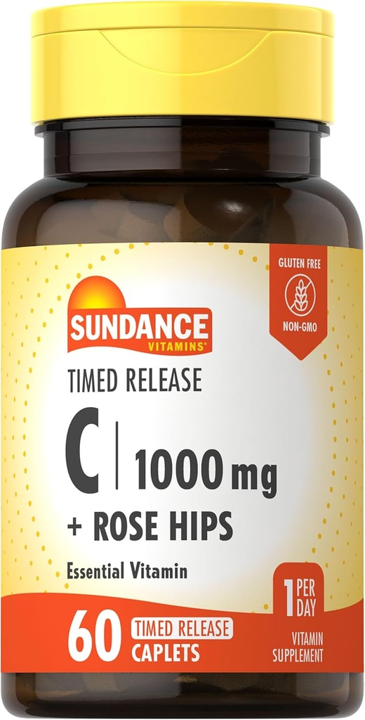 Sundance Vitamin C 1000mg med Rose Hips ttesmå 124; 60 Overtrukket Caplets ttesmå 124; Timet Release 124; Vegetar, Non- GMO, og Gluten Free Supplement