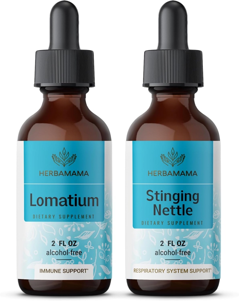 HERBAMAMA Herbal Liquid Drops Kit - Bundle of Lomatium Root Extract and Stinging Nettle Tincture 2 fl oz - Vegan, Non- GMO, Sugar & Alcohol- Free - 2 Pack