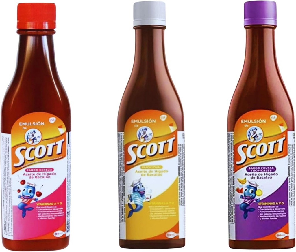 Emulsión de Scott 3 Pack Combo - Torsk Lever Oil (Traditionel, Cherry, Tropical Fruit Flavors) - 180 ml hver