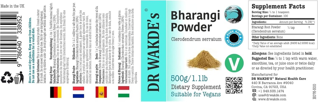 DR WAKDE 's Bharangi Powder (Clerodentromme serratum) - 500g (1, 1lb) Note 124; Pure, Raw & Tørret pulver