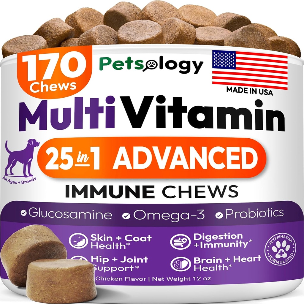 Hund Multivitamin Chewable - Hund Vitamin og Kosttilskud med Glucosamin - 170 Chews - Hip & Joint, Pet Immunsupport, Hud & Coat, Gut & Heart Health - Senior & Puppy Multivitamin Pet Supplement