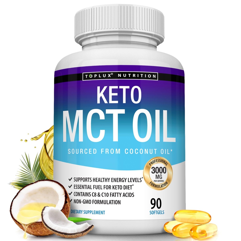 Toplux Keto MCT oliekapsler - 3000mg Natural Pure Coconut Oil Extract Pills, Kilde til energi, Let at Digest for mænd kvinder, 90 Softgel, Supplement