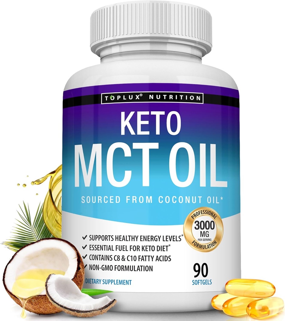 Toplux Keto MCT oliekapsler - 3000mg Natural Pure Coconut Oil Extract Pills, Kilde til energi, Let at Digest for mænd kvinder, 90 Softgel, Supplement