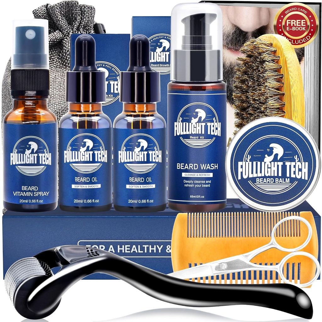 Beard Care Kit til Mental-Nourish Grooming Patchy Beard W / Vitamin Spray, Mustache Oil, Balm, Wash, Vildsvin Brittle Brush, Wooden Comb, Saks, Valentines Fædre Gaver til mænd far ham Mand Kæreste