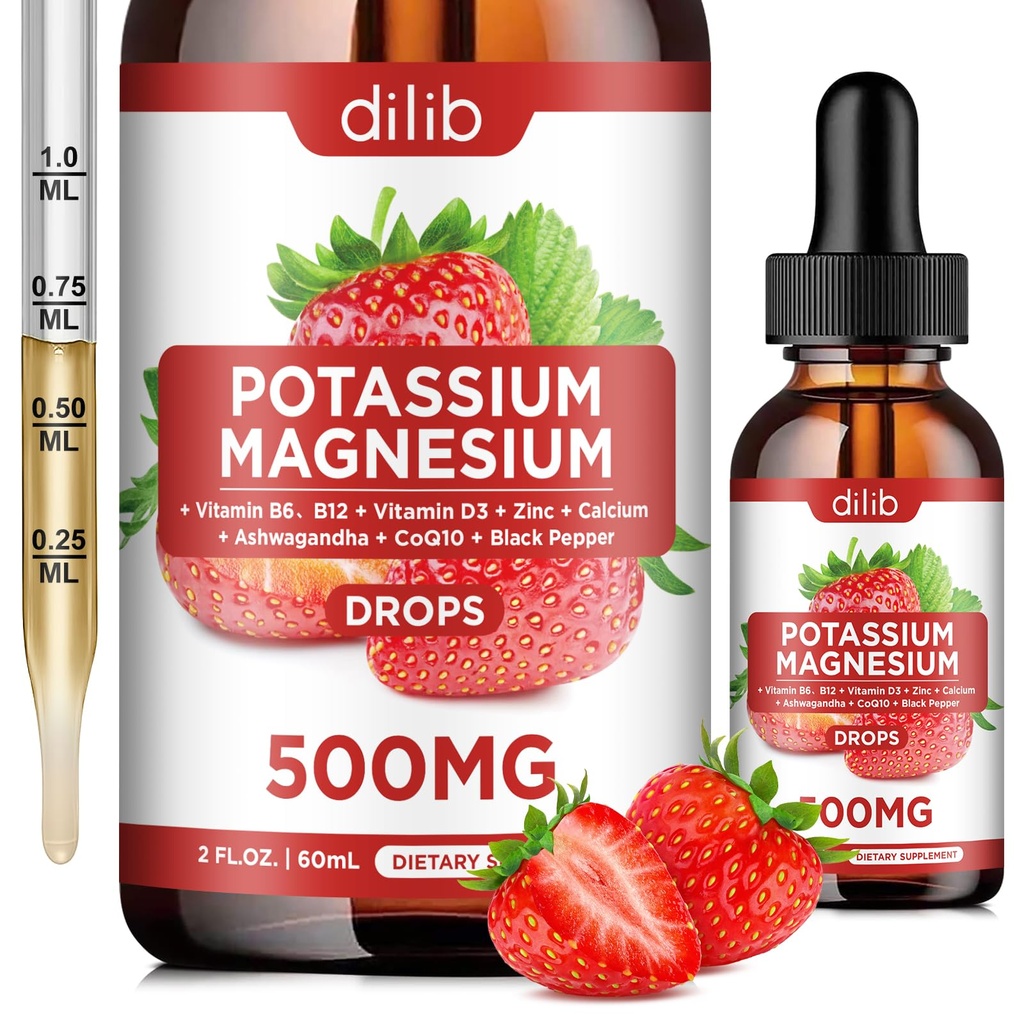 Kalium Magnesium Citrate Supplement, Flydende Magnesium Citrate Drops 500mg med Ashwagandha, Calcium, Zink, D3-vitamin, B6, B12, CoQ10 - Support Calm & Bone & Muscle & immun Health Vegan 2 fl oz