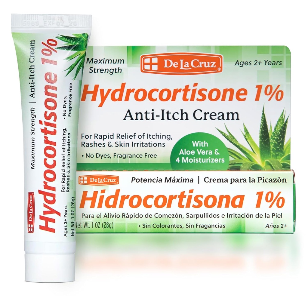 De La Cruz 1% Hydrocortison Cream - maksimal styrke - topisk anti Itch Hydrocortison Cream med Aloe Vera og Fugtighedscreme til tør hud, rødme, dermatitis, Eksem og udslæt - 1 OZ (28g)