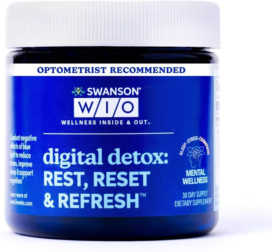 Swanson WIO Digital Detox: Rest, Reset & Refresh Sleep Better, Blue Light Defense, Wellness, Mindre stress, Lutein, Zeaxanthin, Lutemax - 4 oz Flaske med 30 Softgels (30-Day Supply)